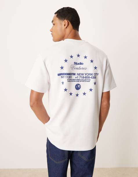 ASOS DESIGN – Biały T-shirt o luźnym kroju z dzianiny Interlock z nadrukiem - view 1