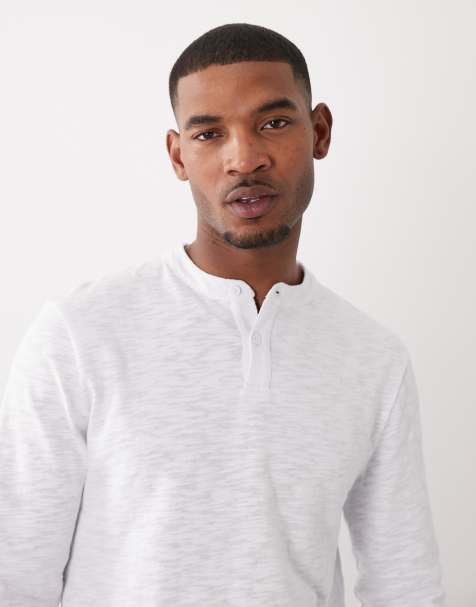 ASOS DESIGN – Biały T-shirt o regularnym kroju, z długimi rękawami i dekoltem henley, z nieregularnej przędzy - view 1