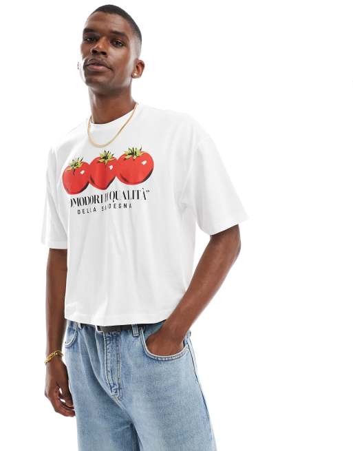 ASOS DESIGN – Biały T-shirt oversize o krótkim fasonie z grafiką z pomidorami