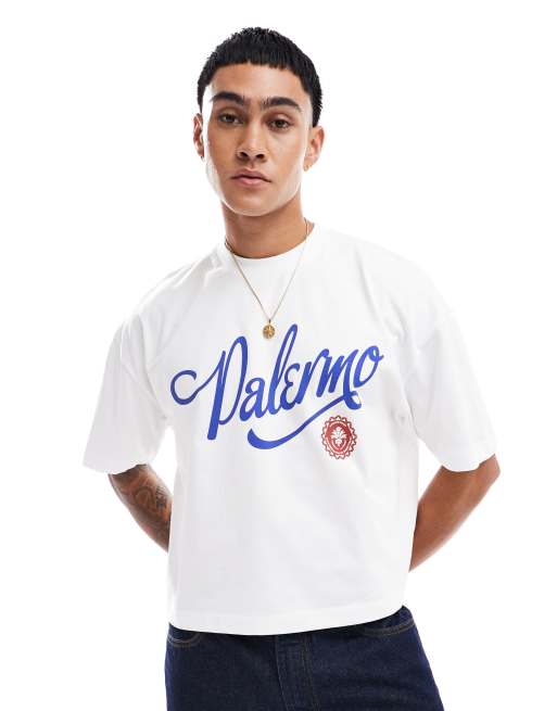 ASOS DESIGN – Biały T-shirt oversize o krótkim fasonie z napisem miasta na klatce piersiowej