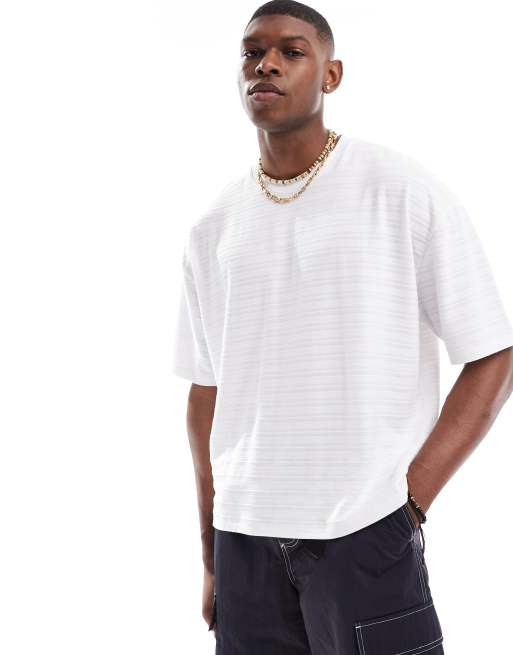 ASOS DESIGN – Biały T-shirt oversize o pudełkowym kroju w fakturowane paski