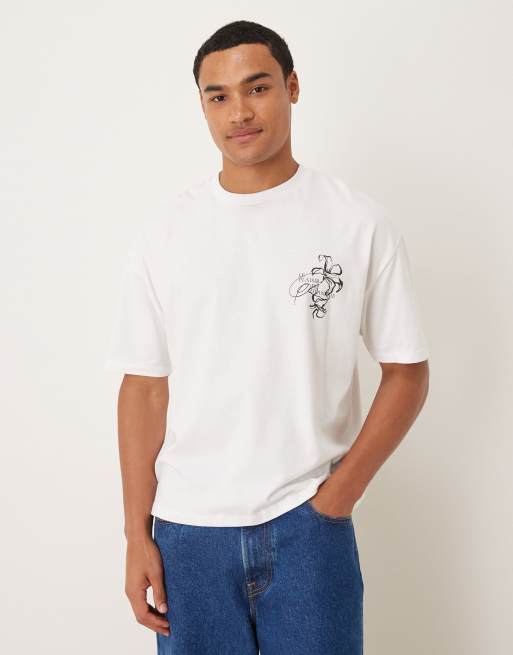 ASOS DESIGN – Biały T-shirt oversize o pudełkowym kroju z kwiatową grafiką na piersi