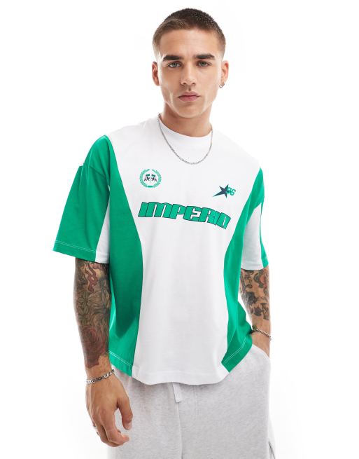 ASOS DESIGN – Biały T-shirt oversize o pudełkowym kroju ze wstawkami i sportowym nadrukiem na klatce piersiowej
