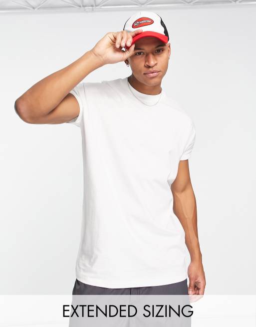 ASOS DESIGN - Biały T-shirt oversize o wydłużonym fasonie, z okrągłym dekoltem i podwijanymi rękawami