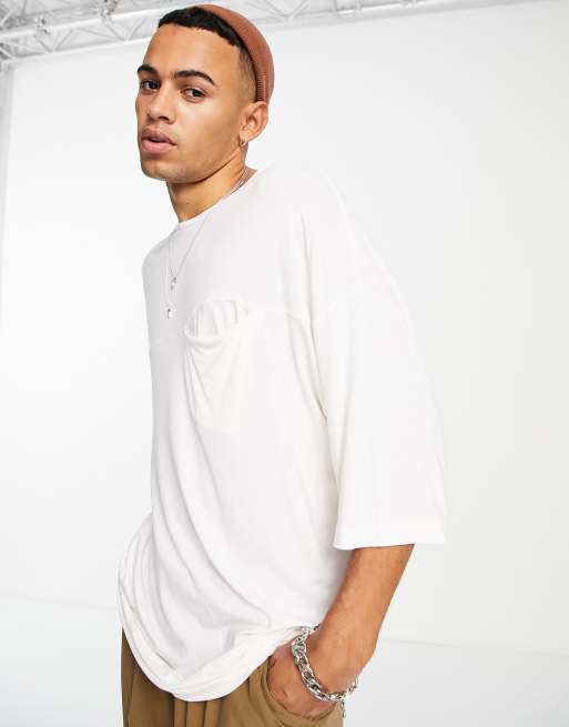 ASOS DESIGN – Biały T-shirt oversize o wydłużonym fasonie z wiskozy z kieszenią