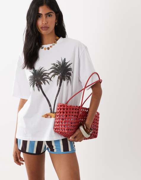 ASOS DESIGN – Biały T-shirt oversize z fakturowanego dżerseju z grafiką z palmami - view 1