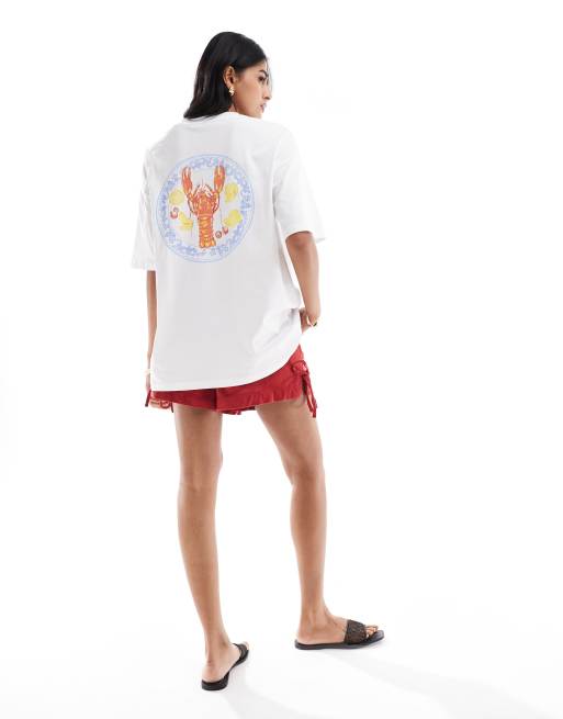 ASOS DESIGN – Biały T-shirt oversize z grafika homara na talerzu