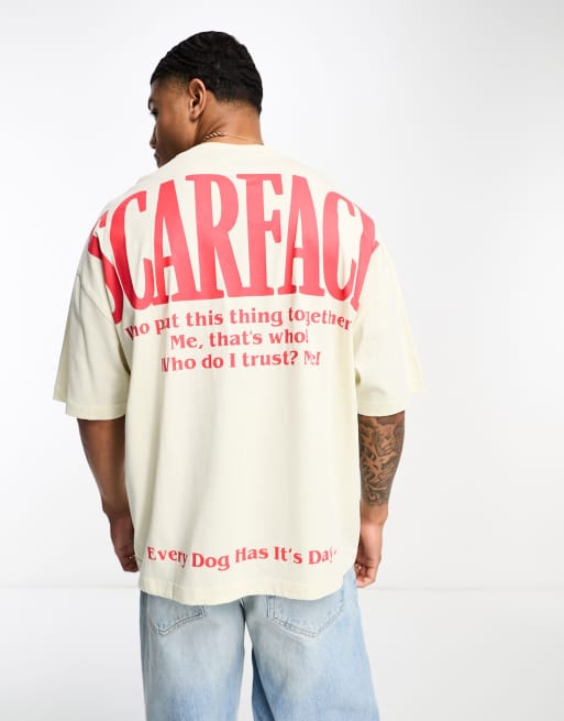 ASOS DESIGN – Biały T-shirt oversize z grafiką i napisem „Scarface