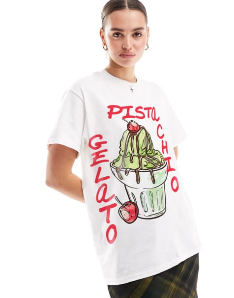 ASOS DESIGN – Biały T-shirt oversize z grafiką lodów pistacjowych - view 1