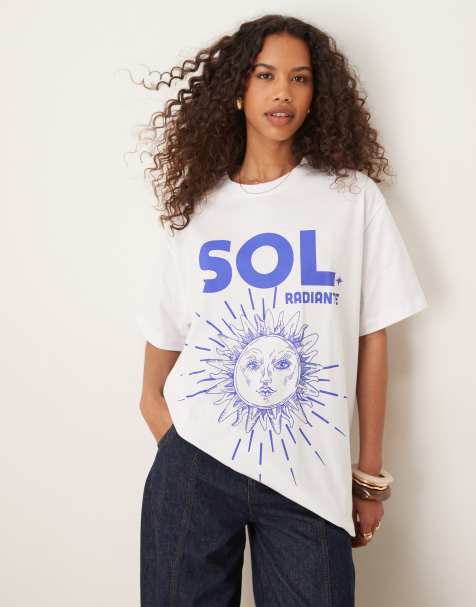 ASOS DESIGN – Biały T-shirt oversize z grafiką słońca i napisem „Sol” - view 1