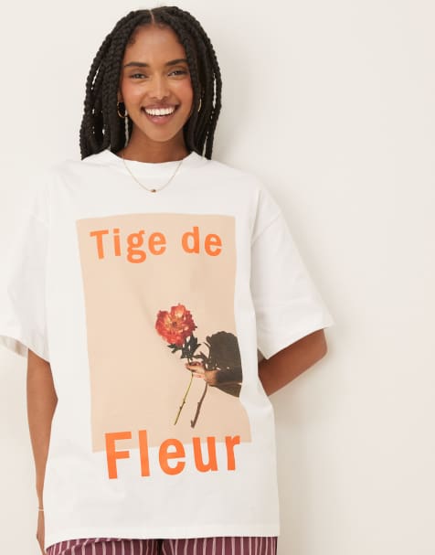 ASOS DESIGN – Biały T-shirt oversize z grafiką z napisem „Tige De Fleur” - view 1