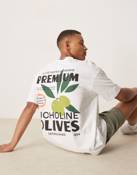 ASOS DESIGN oversized t-shirt with olive graphic in white