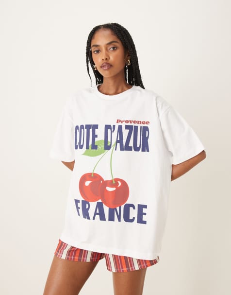 ASOS DESIGN – Biały T-shirt oversize z grafiką z wiśniami i napisem France - view 1