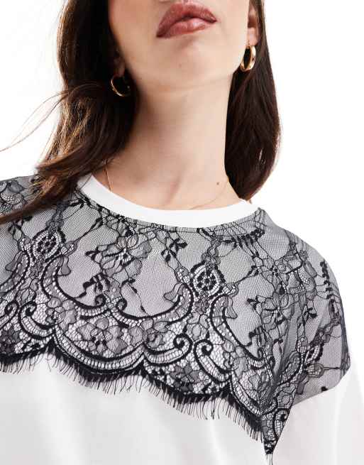 ASOS DESIGN – Biały T-shirt oversize z kontrastową koronką, 4 z 4