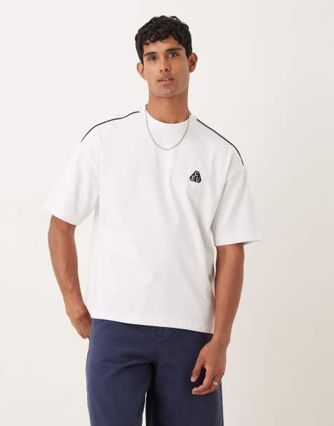 ASOS DESIGN oversized t-shirt with shoulder piping and embroidery in white