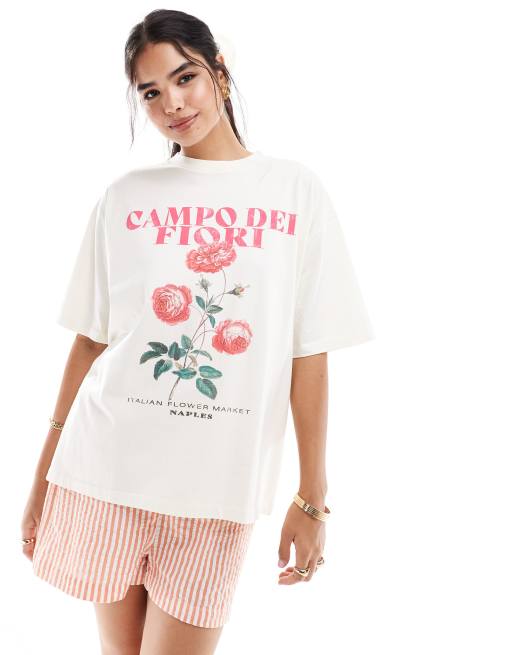 ASOS DESIGN – Biały T-shirt oversize z kwiatową grafiką z napisem Campo Dei Fiori