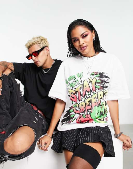 ASOS DESIGN – Biały T-shirt oversize z nadrukiem i napisem „Stay Creepy” 