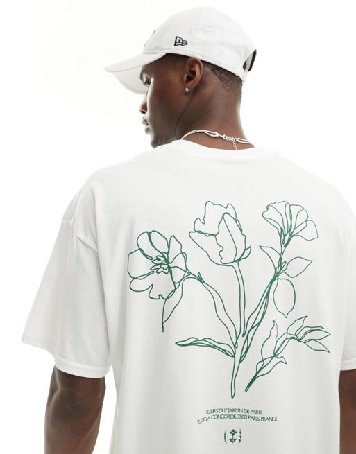 FhyzicsShops DESIGN – Biały T-shirt Schumacher oversize z nadrukiem kwiatów na plecach