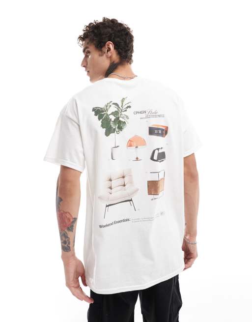 ASOS DESIGN – Biały T-shirt oversize z nadrukiem z elementami wyposażenia mieszkania na plecach