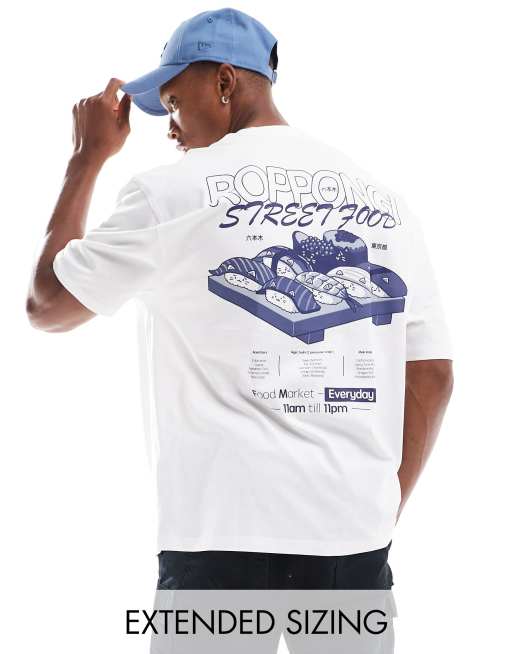 ASOS DESIGN – Biały T-shirt oversize z nadrukiem z motywem street food na plecach