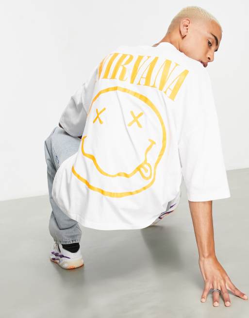 ASOS DESIGN – Biały T-shirt oversize z nadrukiem z motywem zespołu Nirvana