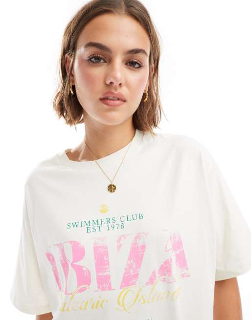 ASOS DESIGN – Biały T-shirt oversize z nadrukiem z napisem „Ibiza”