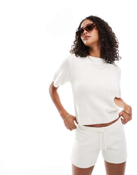 ASOS DESIGN knit oversized t-shirt co-ord in boucle rib stitch in ecru