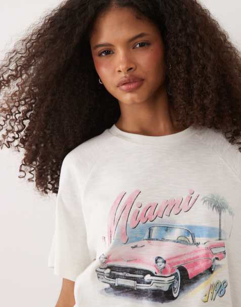 ASOS DESIGN – Biały T-shirt oversize z raglanowymi rękawami i grafiką „Miami“ z samochodem - view 1