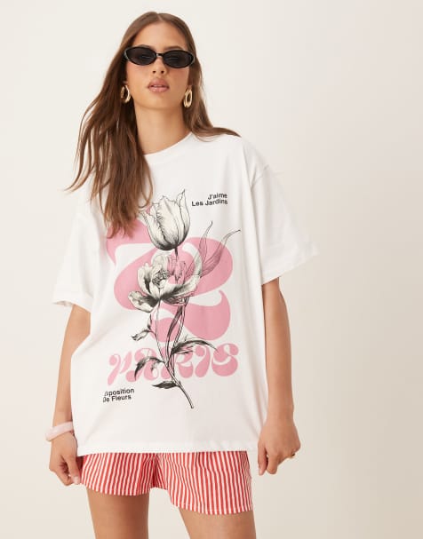 ASOS DESIGN – Biały T-shirt oversize z różową grafiką z kwiatami - view 1