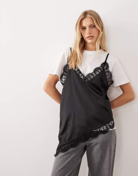 ASOS DESIGN oversized t-shirt with satin lace cami overlay in white