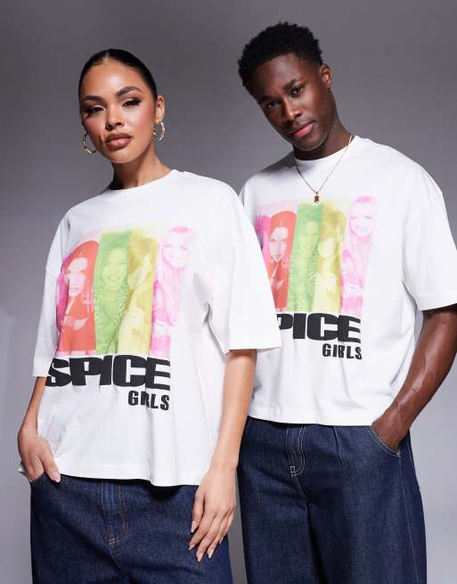 ASOS DESIGN – Biały T-shirt unisex o fasonie oversize i pudełkowym kroju z nadrukiem The Spice Girls