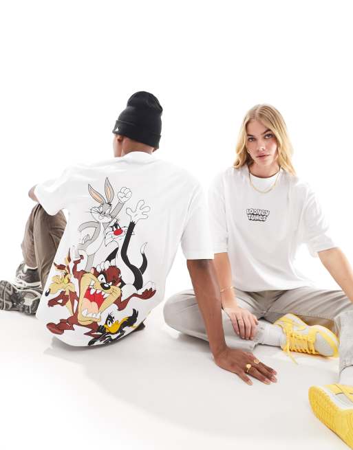 ASOS DESIGN – Biały T-shirt unisex o fasonie oversize z grafiką Looney Tunes