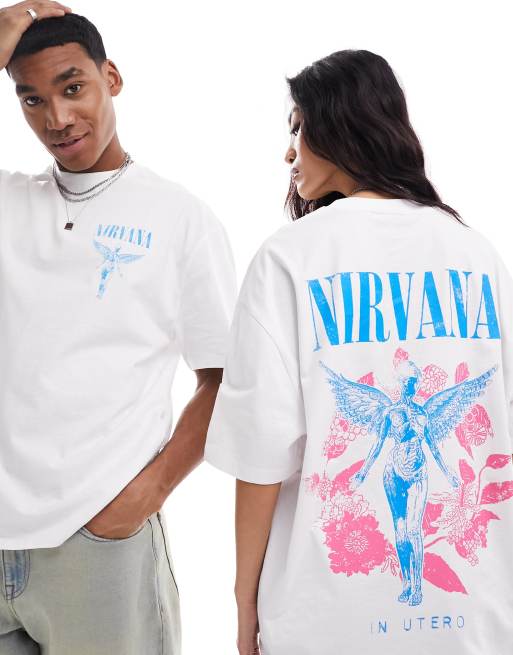 ASOS DESIGN – Biały T-shirt unisex o fasonie oversize z grafiką z aniołem i nadrukiem zespołu Nirvana