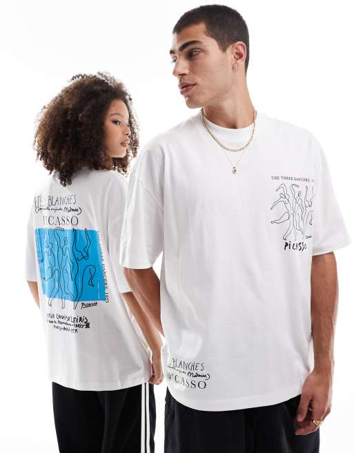ASOS DESIGN – Biały T-shirt unisex o fasonie oversize z kapturem i grafiką z rysunkiem Picasso