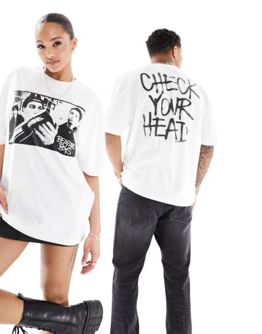 ASOS DESIGN – Biały T-shirt unisex o fasonie oversize z licencjonowaną grafiką albumu „Check Your Head“ Beastie Boys