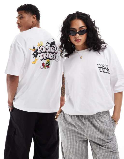 ASOS DESIGN – Biały T-shirt unisex o fasonie oversize z licencjonowaną grafiką Looney Tunes