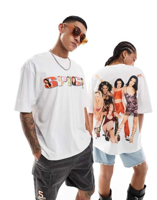 ASOS DESIGN – Biały T-shirt unisex o fasonie oversize z licencjonowaną grafiką Spice Girls