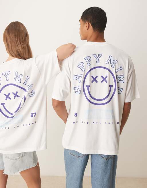 ASOS DESIGN – Biały T-shirt unisex o kroju oversize z niebieską buźką, 2 z 4