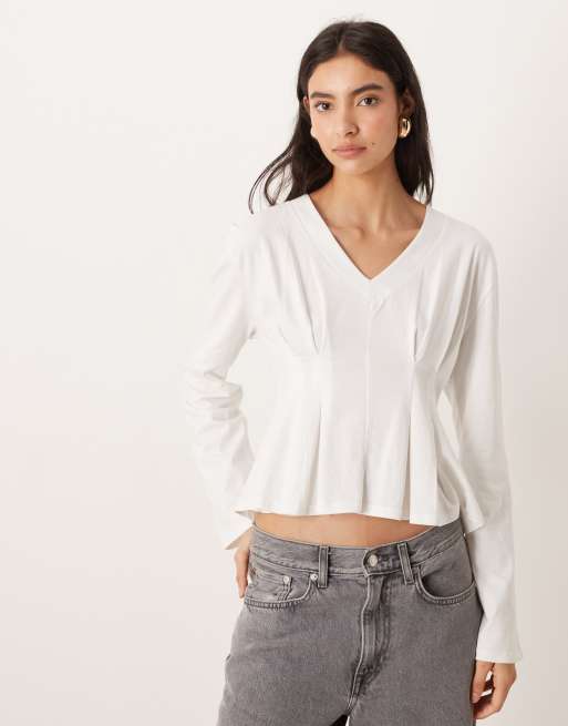 ASOS DESIGN – Biały T-shirt z długimi rękawami i zwężaną talią z wiązaniem