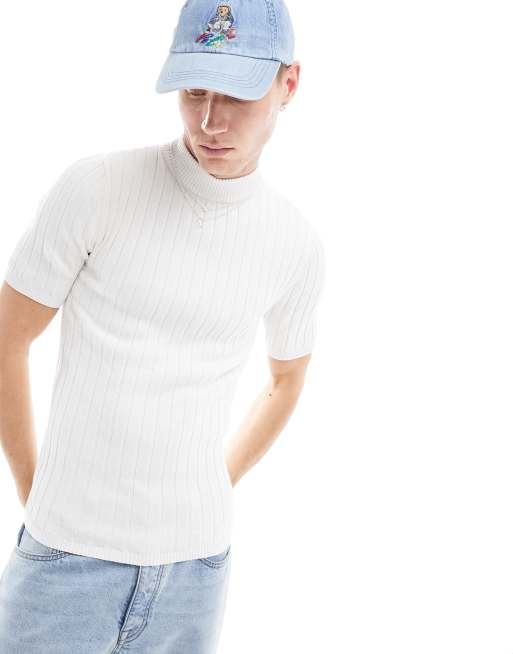 ASOS DESIGN – Biały T-shirt z golfem o kroju podkreślający sylwetkę z prążkowanej dzianiny