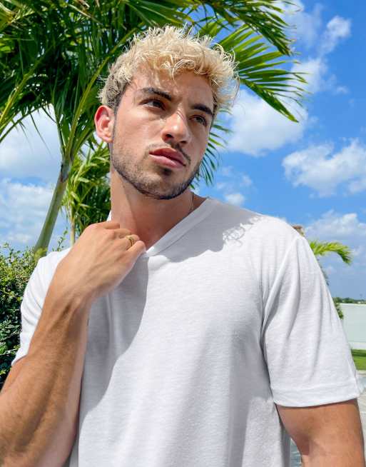 ASOS DESIGN – Biały T-shirt z materiału z domieszką lnu