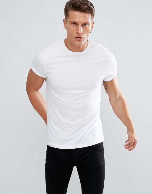 ASOS DESIGN – Biały t-shirt z okrągłym dekoltem i podwijanymi rękawami