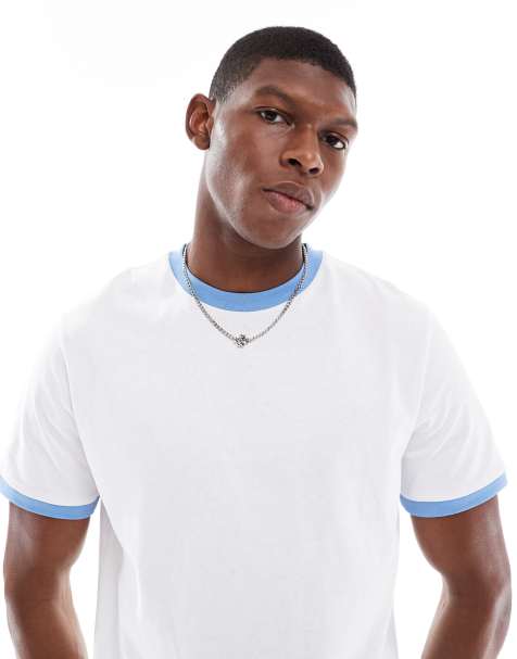 ASOS DESIGN – Biały T-shirt z okrągłym dekoltem z kontrastowymi niebieskimi lamówkami - view 1