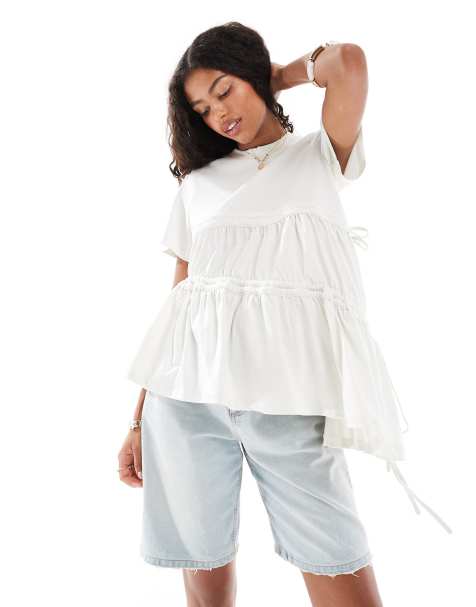 ASOS DESIGN – Biały T-shirt z ozdobnym marszczeniem - view 1