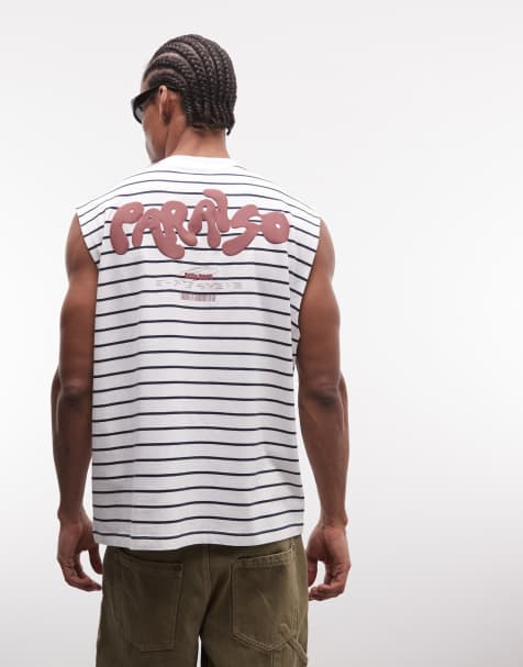 ASOS DESIGN – Biały top bez rękawów oversize w paski z wypukłym napisem - view 1