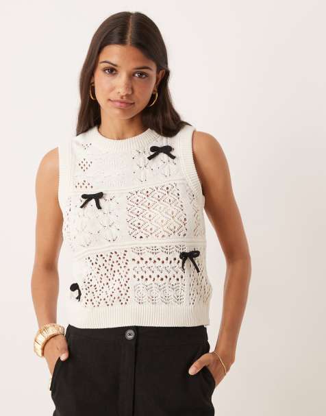 ASOS DESIGN knitted pointelle patchwork tank with contrast bows in white