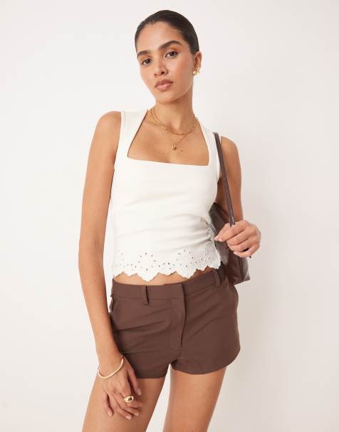 ASOS DESIGN cutwork embroidered hem square neck cami top in white