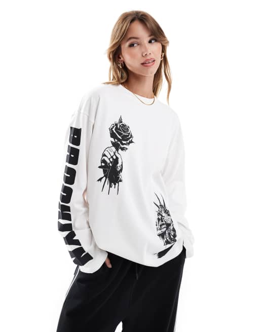 ASOS DESIGN – Biały top skater z długim rękawem i grafiką z napisem „Brooklyn”