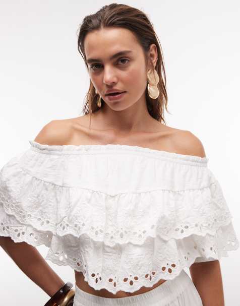 ASOS DESIGN – Biały top z dekoltem bandeau i ażurową koronką, część zestawu - view 1