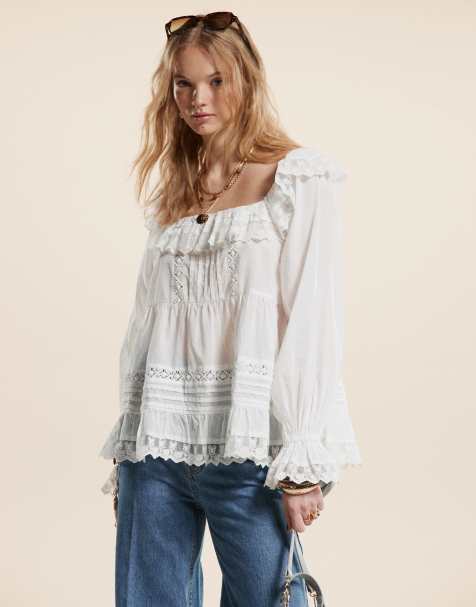 ASOS DESIGN – Biały top z dekoltem karo, koronką i haftem angielskim - view 1